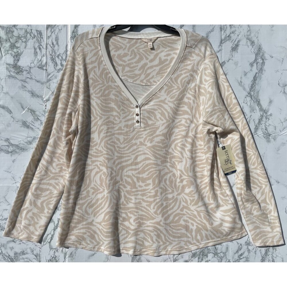 Terra & Sky Womens Plus Size 3X Beige & White Zebra Print Waffle Knit Henley Top